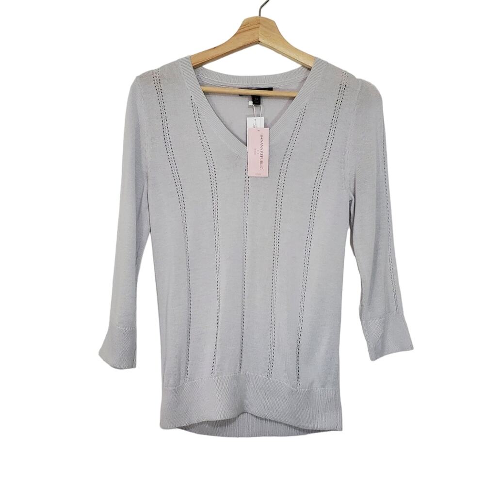 NWT Banana Republic | Petite Eyelet Stripe V-Neck Lightweight 3/4 Sleeve Sweater